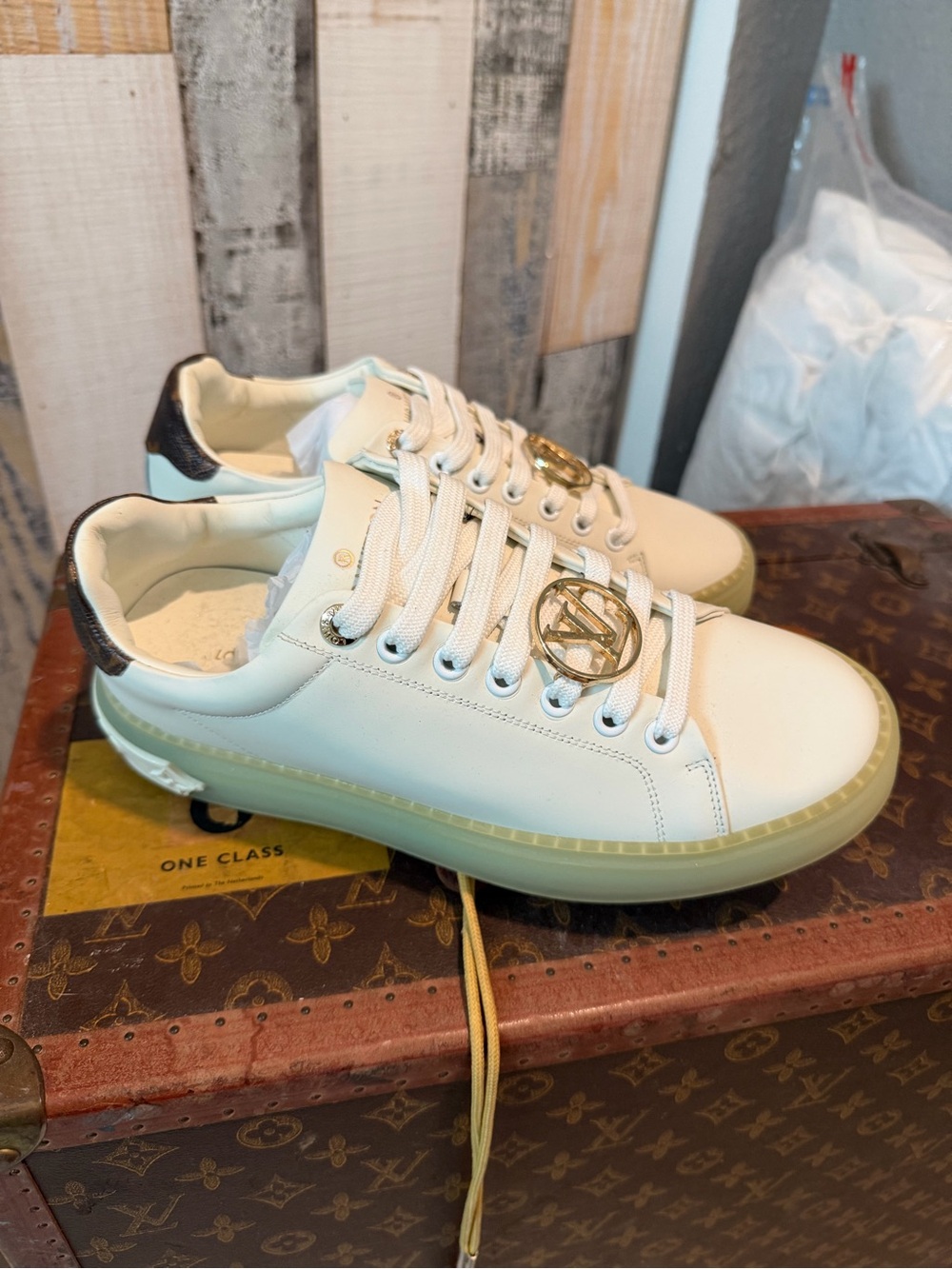 L*uis Vuitt*n Like Cream and Pale Blue Rubber Sole Sneakers